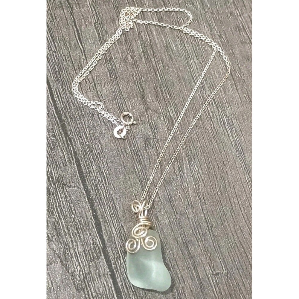 Handmade Wire Wrapped Sea Glass Pendant On Sterling Silver Necklace